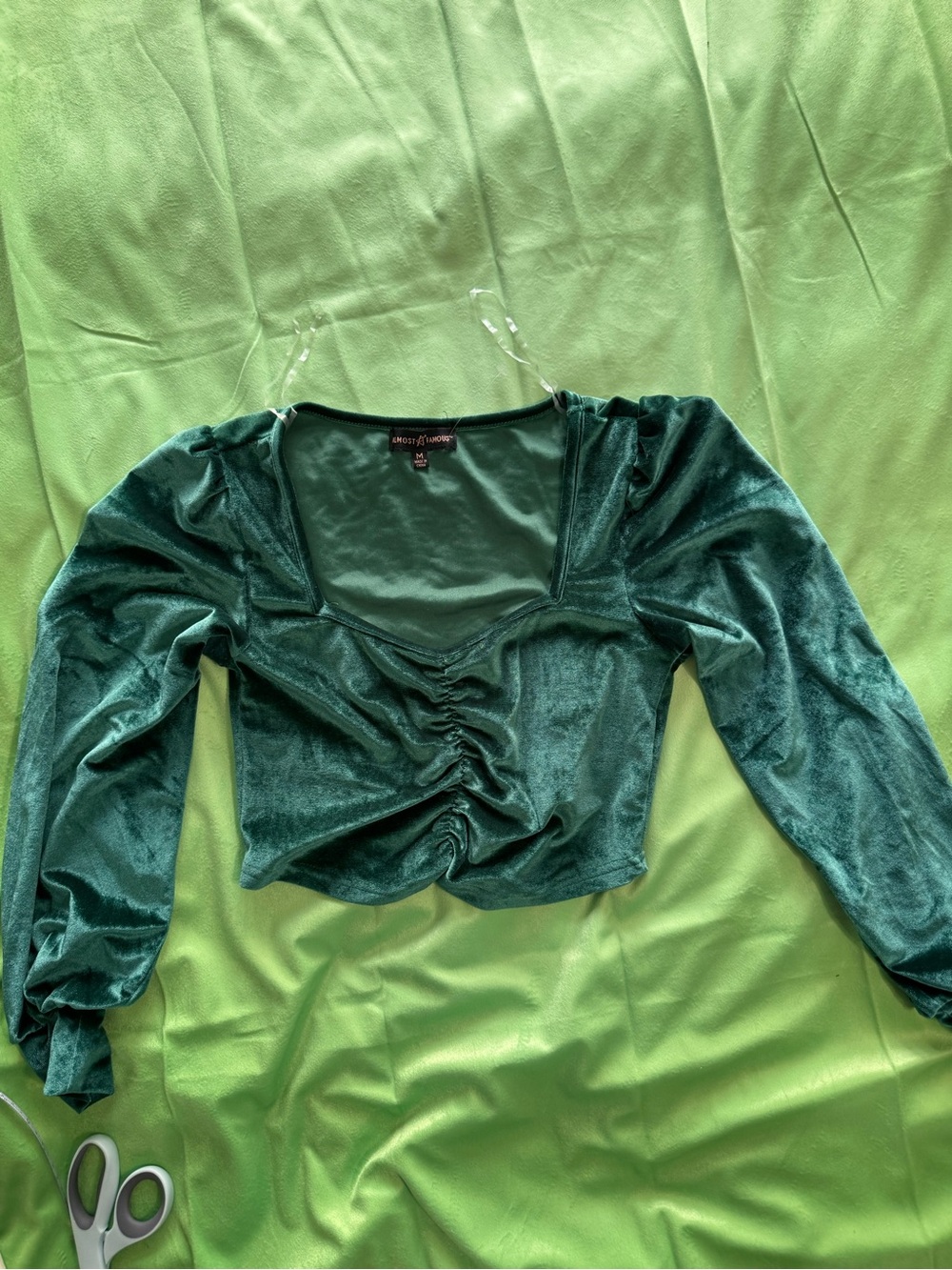 City Chic Dark Emerald Velvet Ruched Long Sleeve Crop Top